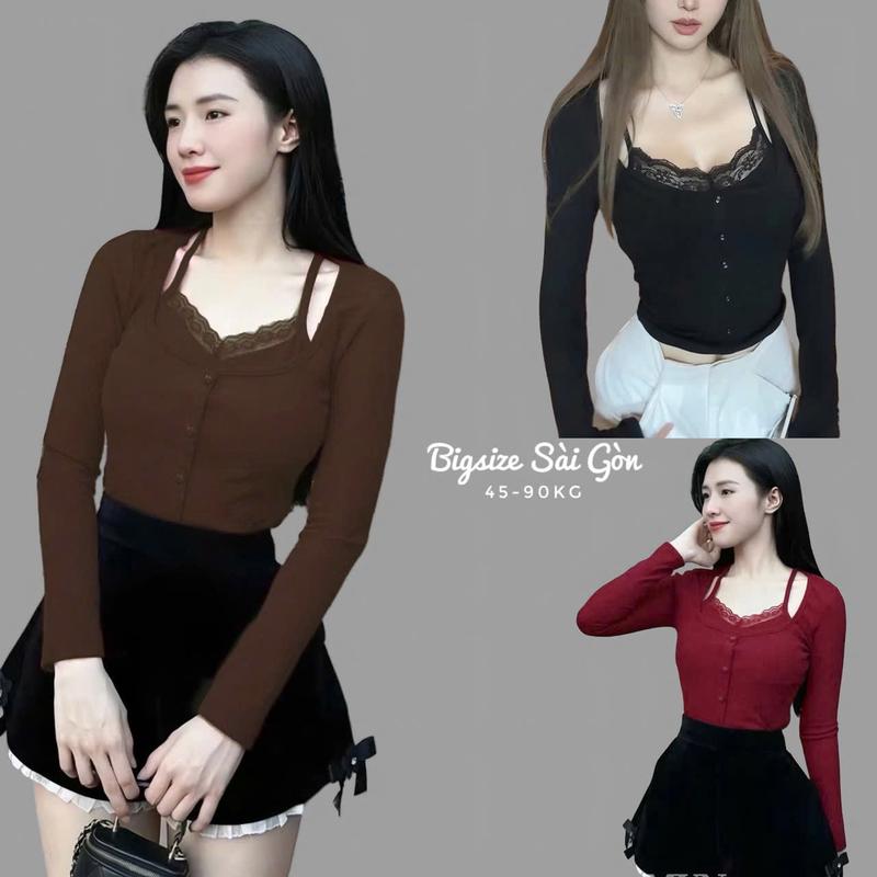 Áo Thun Phối Yếm Ren Vải Thun Tăm 45- 90Kg Bigsize Dễ Thương Top Nữ Women