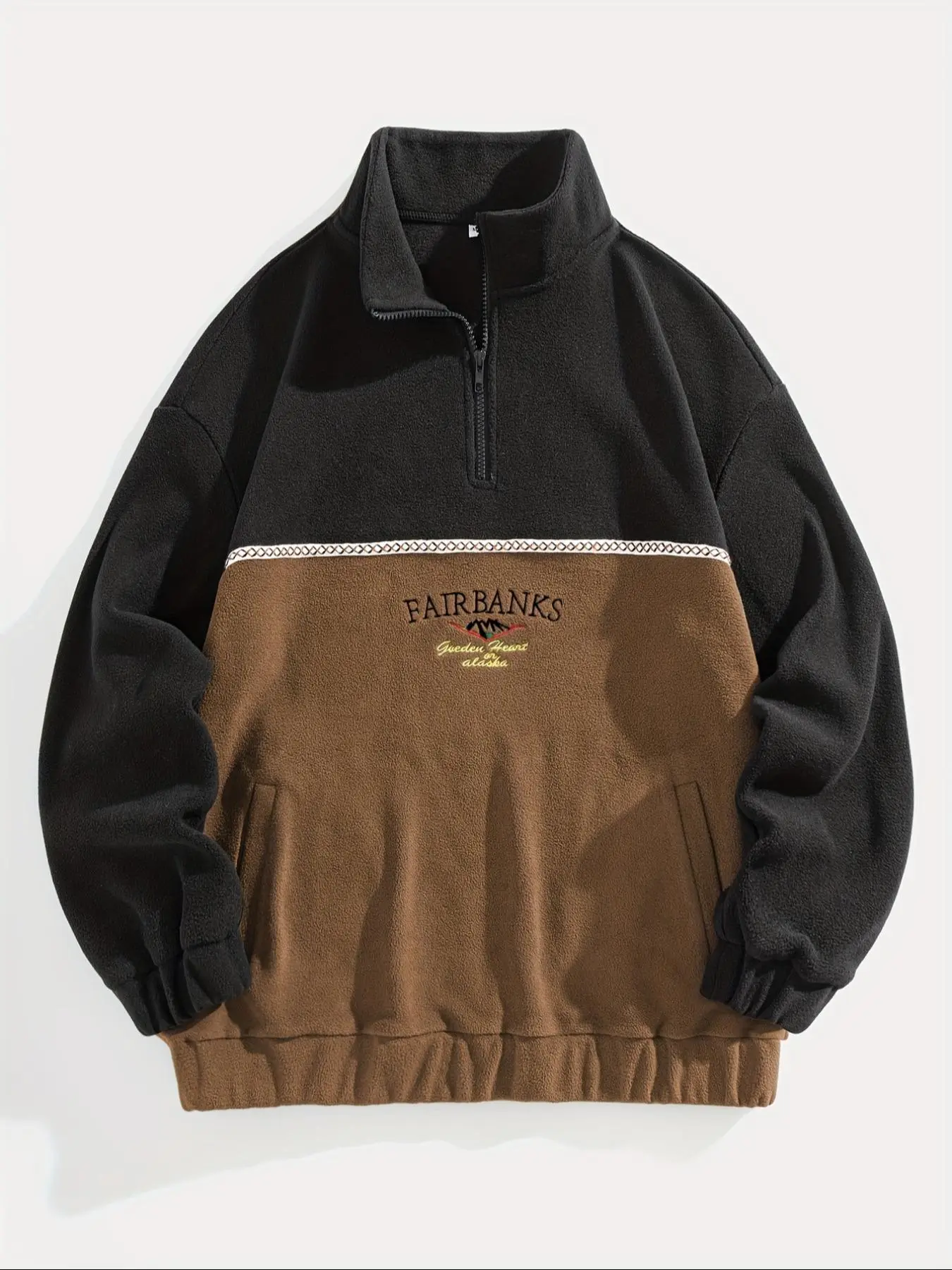 Men's Colorblock Zip Up Pocket Sweatshirt, Regular Fit Casual Drop Shoulder Long Sleeve Collared Fuzzy Pullover, Men's Winter Clothes for Daily Wear