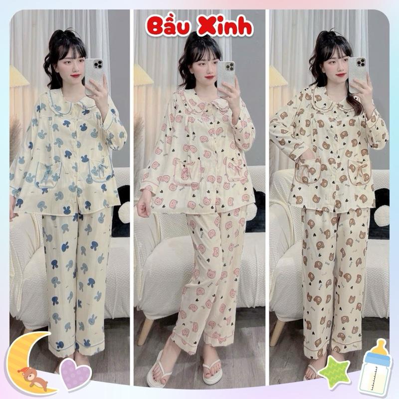  Bộ Bầu - Bộ sau sinh Cổ Sen Mun bộ xinh túi nơ hoạ tiết dễ thương  Chất liệu Đũi lanh  Áo có khoá ti quần chun chỉnh 