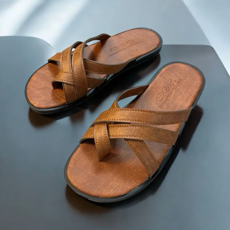 Dép Da Nam . Dép Sandal Da Nam Quai Chéo Xỏ Ngón . Phong Cách Thời Trang Tối Giản