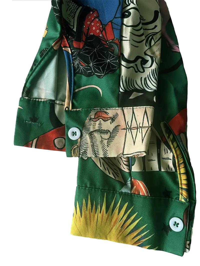 Product Introduction of Women's Cartoon Print Button Front Shirt & Elastic Waist Pants Two-Piece Set, Casual Long Sleeve Top & High Waist Trousers for Daily Wear, Ladies Summer Clothes 9
