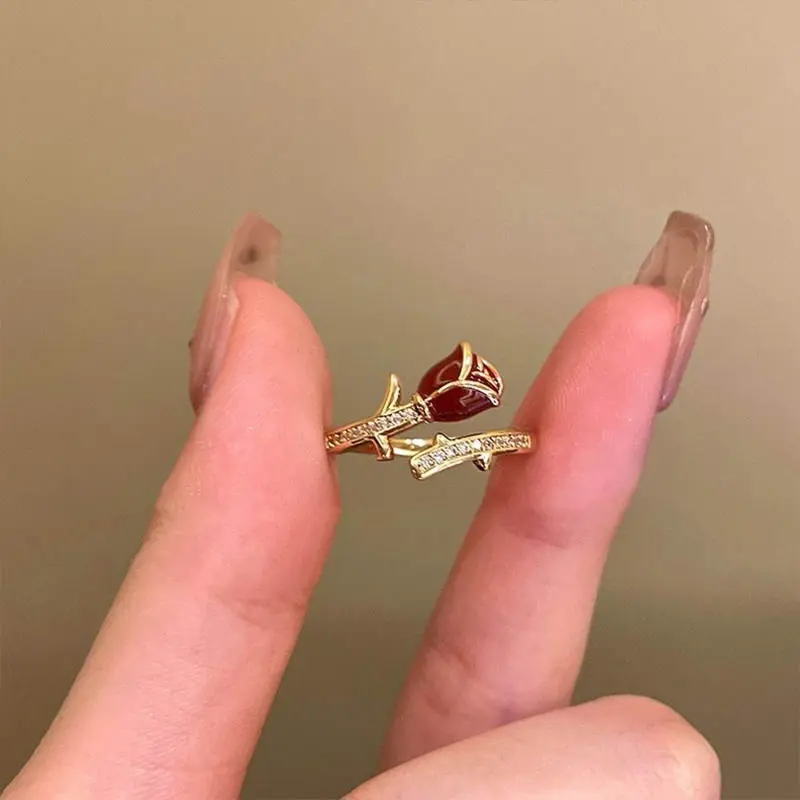 【Sktlz】Wine Red Rose Zircon Ring Wanita Buka Indeks Cincin Finger Temperature Adjustable Ring 7
