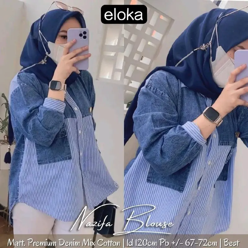 NAZIFA BLOUSE.ADILA BLOUSE JEANS WASH Setrip Atasan Wanita Panjang Baju Katun Muslim Oversize Cewek 0