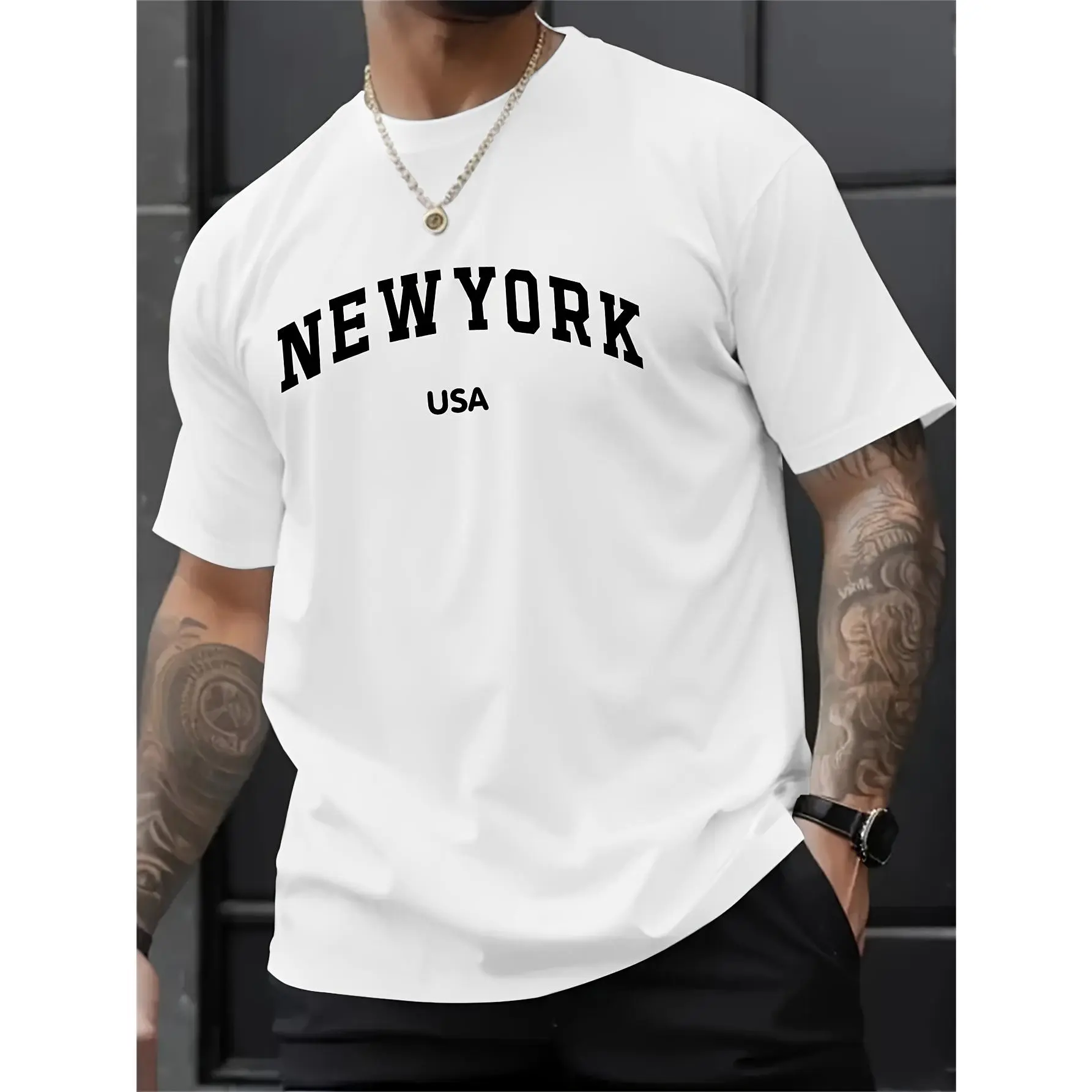 Unisex Fashion New York Printed O-Neck T-Shirt - Casual round neck, polyester and elastane blend, machine washable, summer knitted men's top