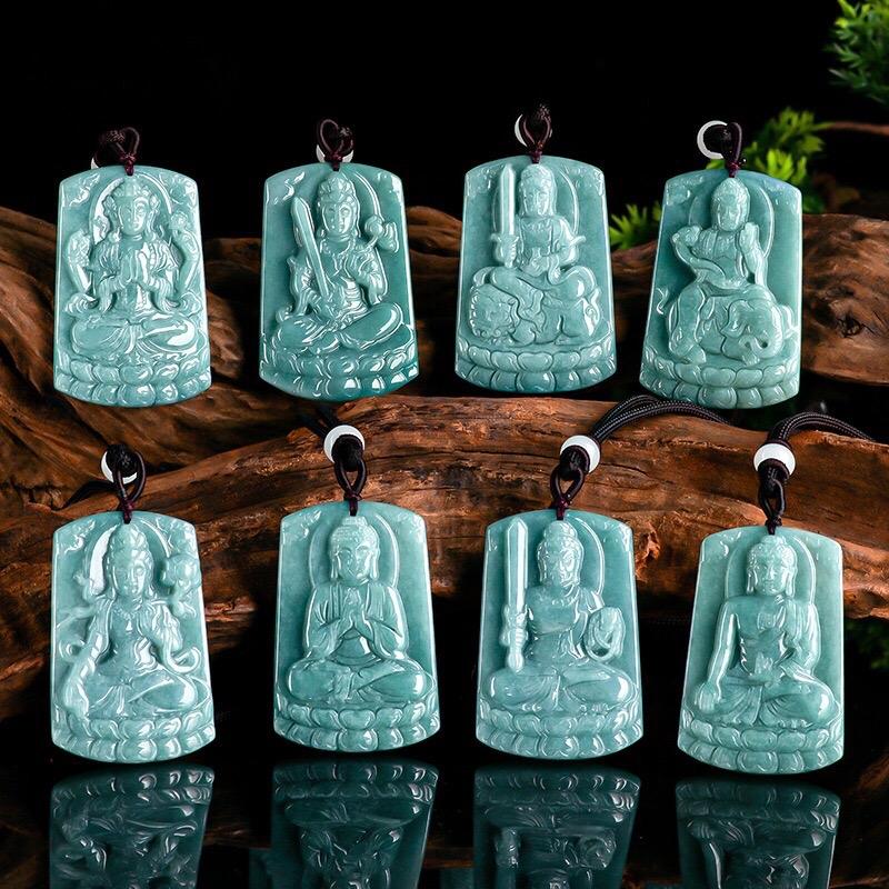  Mặt dây chuyền vuông phật bản mệnh ngọc cẩm thạch xanh lam dầu bóng đẹp 