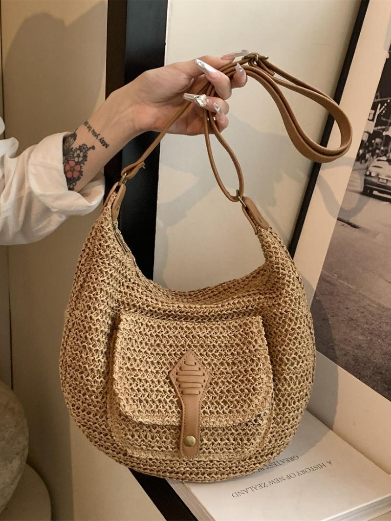Product Introduction of Women's Fashionable Straw Bag, Large Capacity Crossbody Bag with Small Bag Inside, Casual Versatile Shoulder Bag for Daily Used 0