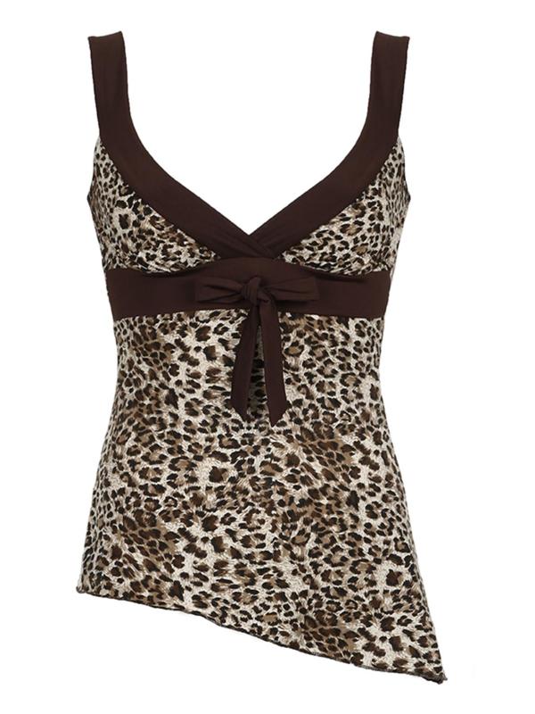 Women's Leopard Print Bow Decor Contrast Binding Tank Top, Asymmetrical Hem Sleeveless Top for Summer, Fashion Women's Top for Daily Wear Valentine's Day, gift 3