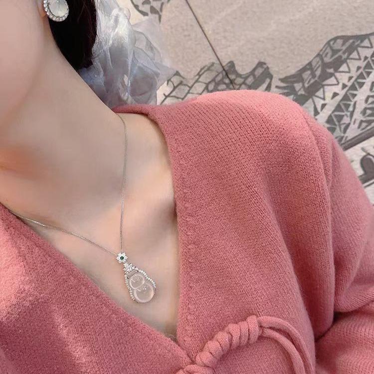 Vòng Cổ Mã Não Ngọc Bích Trắng, Mặt Dây Chuyền Tài Lộc Dưa Hạt Beryl Băng, Dây Chuyền Cổ Áo Sang Trọng, Vòng Cổ Trung Quốc Thời Trang, Dành Cho Phụ Nữ 3