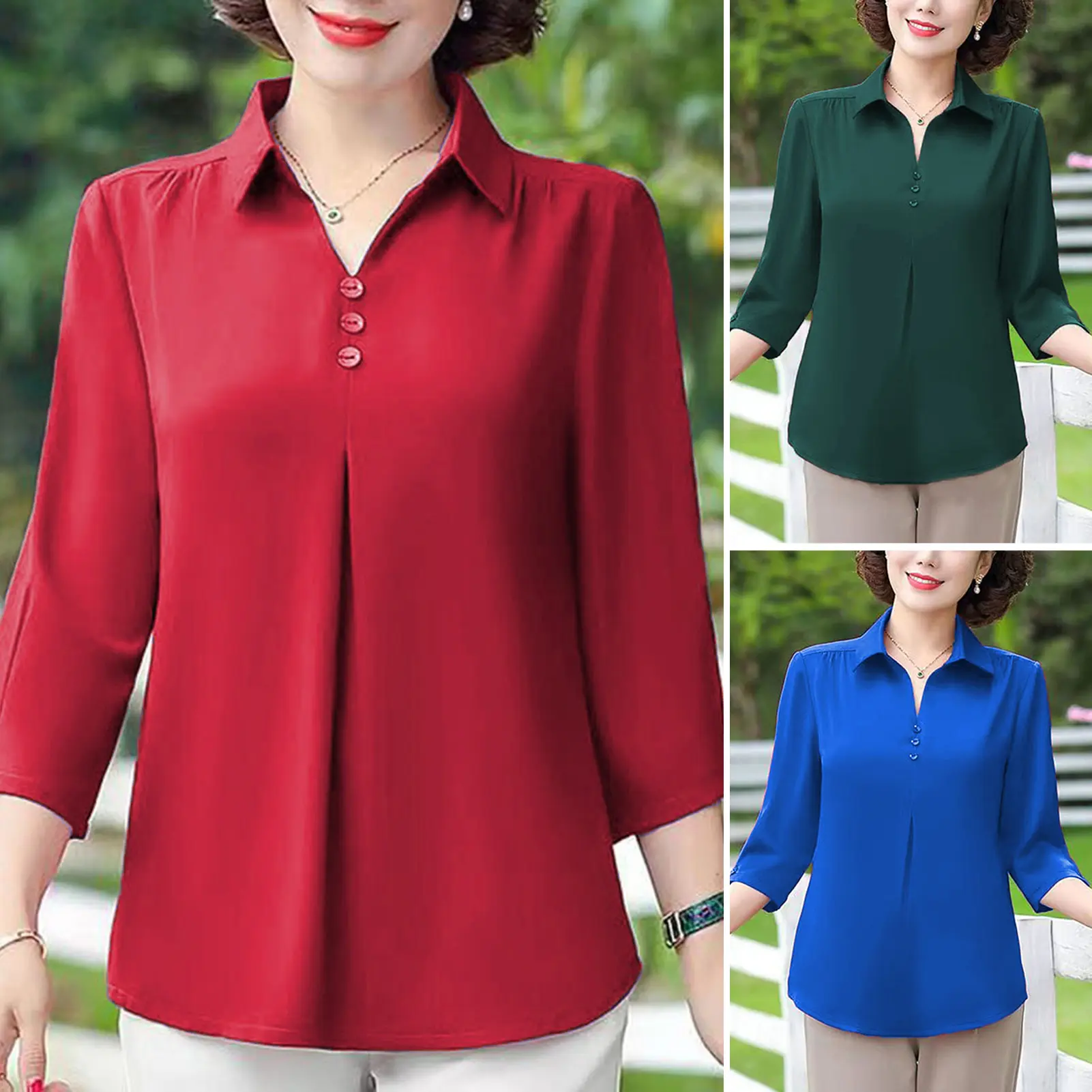 Bqudyzy-Áo Mùa Hè Cho Mẹ, Cổ Áo Rẽ Xuống, Nút Màu Trơn, Tay Áo Ba Phần Tư, Áo Chui Đầu, Quần Phù Hợp, Áo Phông Trung Niên Thường Ngày Cộng Với Kích Thướ, Quần Áo Mùa Xuân Cho Nữ