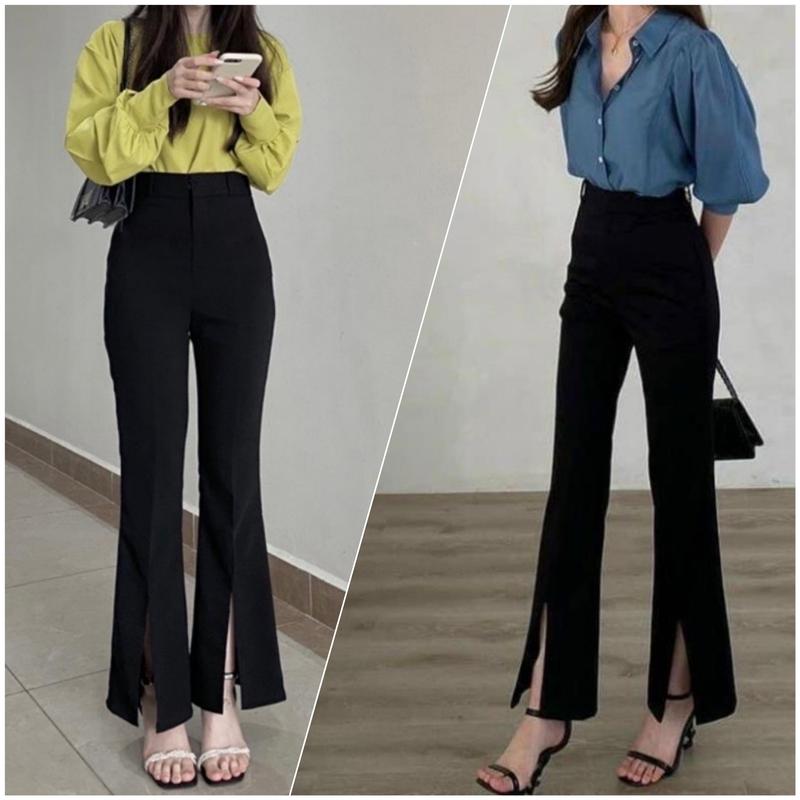 Quần tây ống loe cạp cao xẻ gấu trước siêu tôn dáng đi làm công sở đi học màu đen Pants Ong Nữ 