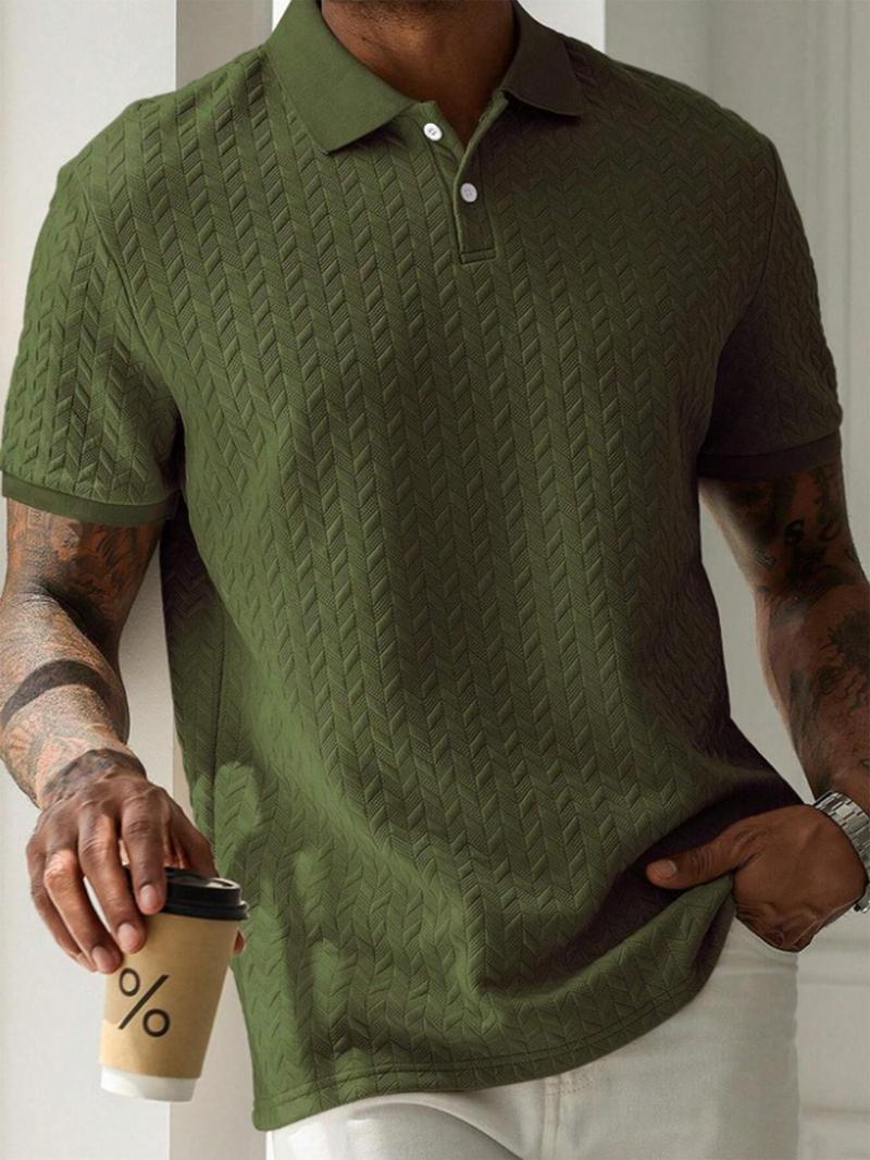 Product Introduction of Men's Regular Fit Plain Jacquard Polo Shirt, Casual Short Sleeve Button Collar Top for Summer, Fashion Men's Clothes for Daily Wear 1