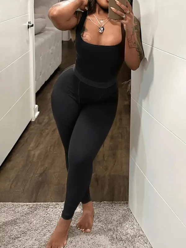 Lovelywholesale 2 Counts Plus Size Solid Scoop Neck Crop Tank Top & High Waist Pants Set, Summer Clothes Women, Sleeveless Top & Skinny Trousers, Two-piece Outfits for Summer 2