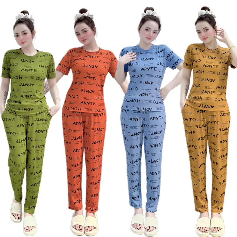 set đồ bộ thun gân quần BAGGY, áo form ngắn cổ tròn tay ngắn mặc nhà.  Phù hợp mọi độ tuổi nhiều màu 0