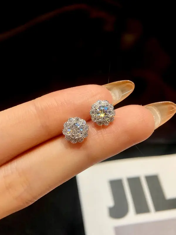 S925 Sterling Silver Flower Shaped Synthetic Moissanite Earrings, Fashionable Earrings for Women, Luxury Wedding Earrings, Fine Jewelry Anniversary Festival Gifts 3