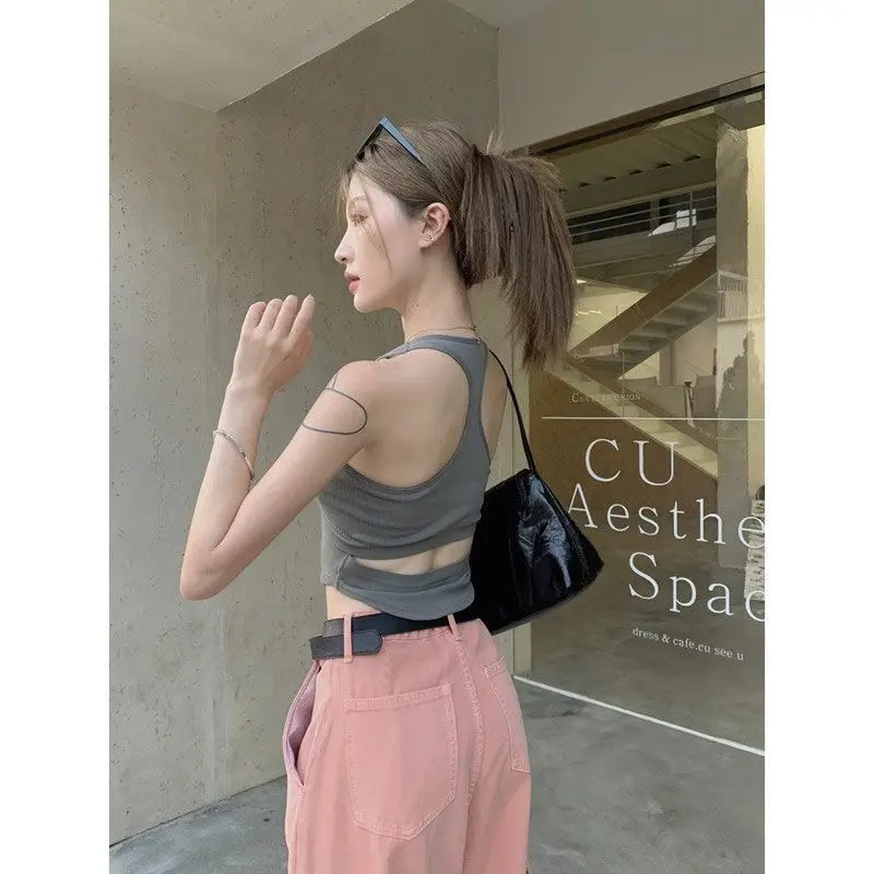 I-Shaped Vest Women's Clothing with Chest Pad Halter Spaghetti Straps Summer New Hot Girl Inner Wear Outer Wear Sports Gray Top