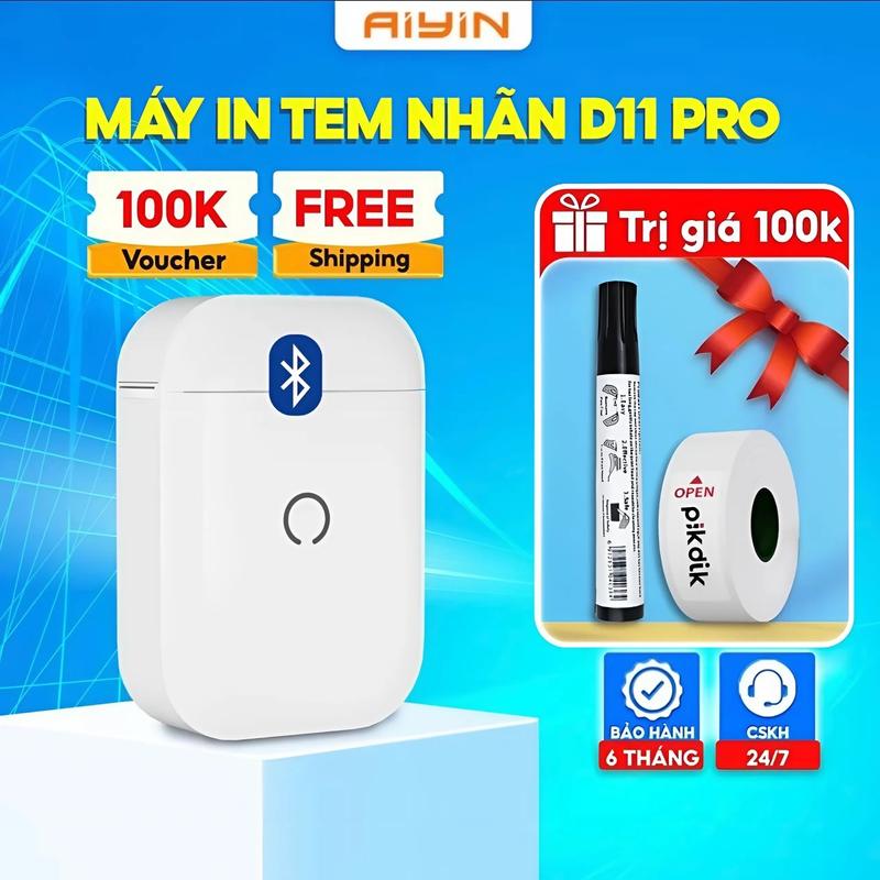  Máy in nhiệt Bluetooth Aiyin D11 mini dùng tem 15x30mm in tem nhãn mã vạch giá bán ghi chú logo sticker tự thiết kế. Bảo hành 6 tháng 