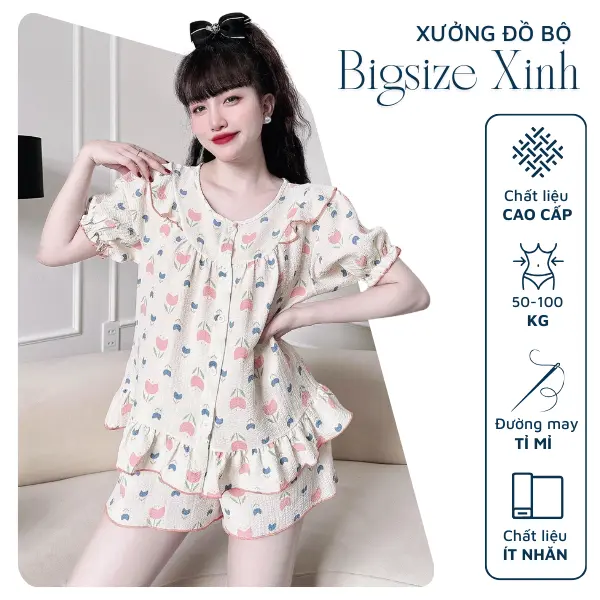 Đồ ngủ bigsize 50-100kg chất đũi xốp mặc nhà dễ thương thoải mái Nữ Áo Ngủ Women đũi  xốp
