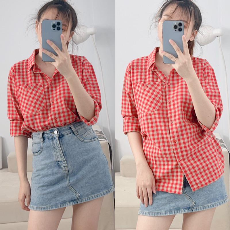 Product Introduction of Áo Sơ Mi Nữ Kẻ Karo Tay Dài Trẻ Trung Năng Động, Áo Sơ Mi Nữ Tay Dài Freesize Chất Cotton Bột Dày Dặn 32