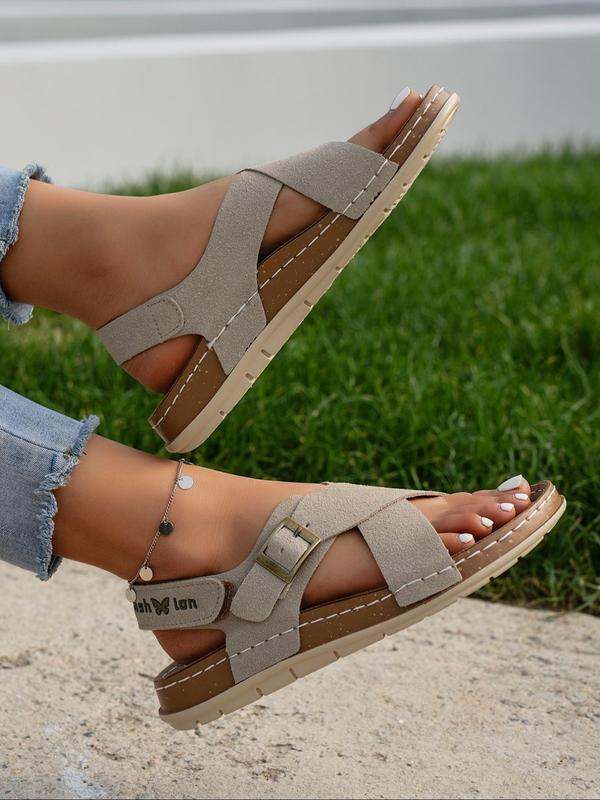 Women's Solid Color Criss Cross Strap Slip on Sandals, Casual Comfortable Buckle Flat Sandals for Summer, Female Pu Leather Shoes for Daily Wear 3