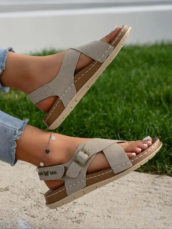 Women's Solid Color Criss Cross Strap Slip on Sandals, Casual Comfortable Buckle Flat Sandals for Summer, Female Pu Leather Shoes for Daily Wear 3