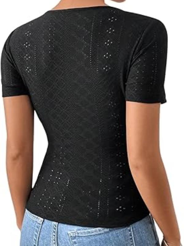 Women's Plain Eyelet Embroidery Ruched Wrap V Neck Tee, Elegant Fake Buttons Decor Short Sleeve T-shirt for Summer, Ladies Clothes for Daily Wear 7