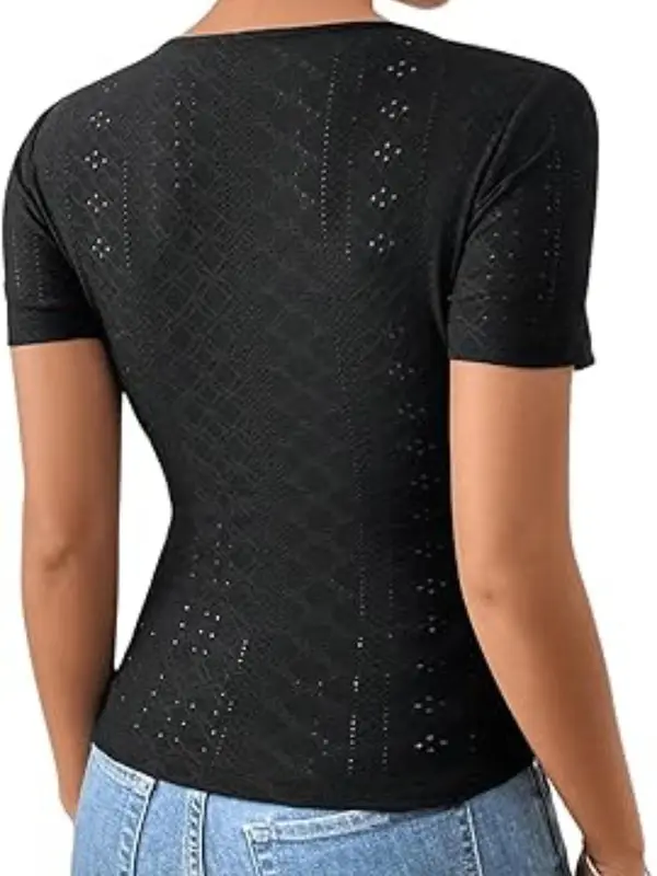 Women's Plain Eyelet Embroidery Ruched Wrap V Neck Tee, Elegant Fake Buttons Decor Short Sleeve T-shirt for Summer, Ladies Clothes for Daily Wear 7