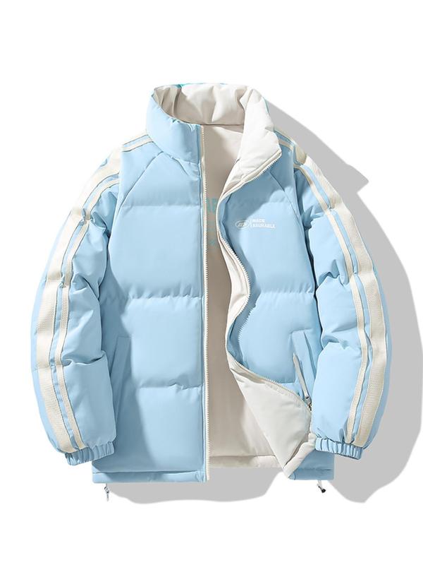 Men's Letter Print Side Stripe Double-sided Zip Up Jacket, Regular Fit Casual Pocket Long Sleeve Stand Collar Outerwear for Fall & Winter, Men's Clothes for Daily Wear 5