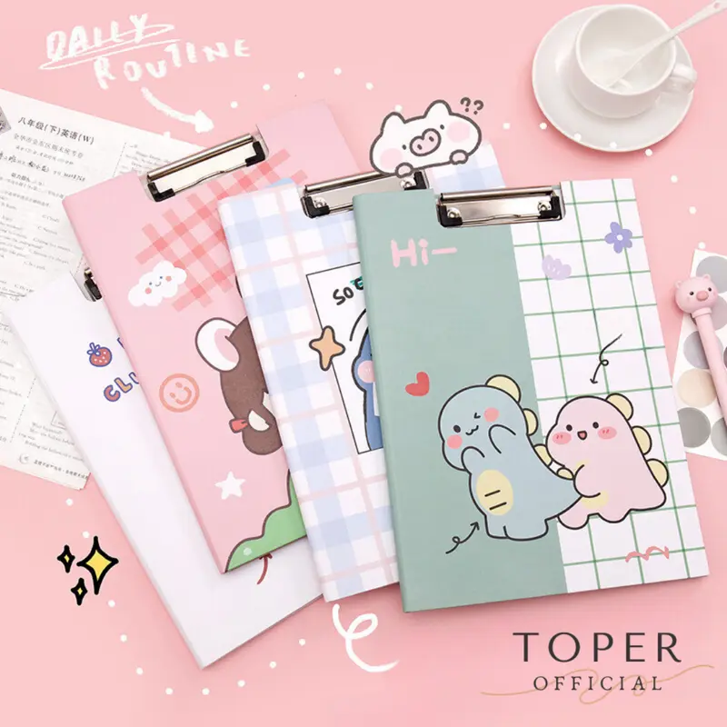 TOPER Papan Ujian Klip Papan Jalan Clipboard Estetik Asthetic Karakter Lucu Berwarna Kertas A4 Full Color 0