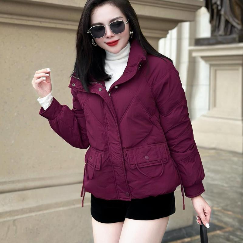 Áo phao nữ chần bông thiết kế dây rút không cổ 3 màu Đen, Đỏ, Nâu đủ size 45kg - 65kg, Áo khoác nữ mùa đông ấm áp form ôm bo gấu 2