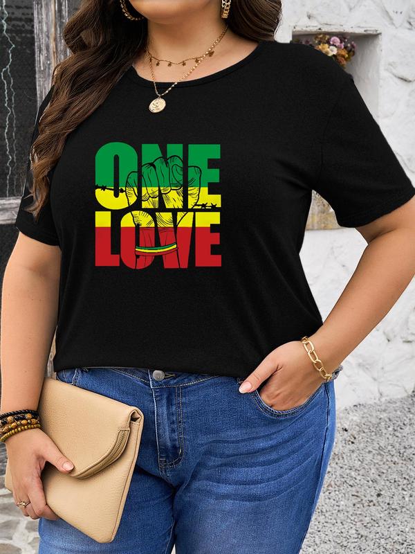 Plus Size "ONE LOVE" Print Round Neck Tee, Casual Letter Print Short Sleeve T-shirt for Summer, Women's Plus Clothing for Daily Wear 2