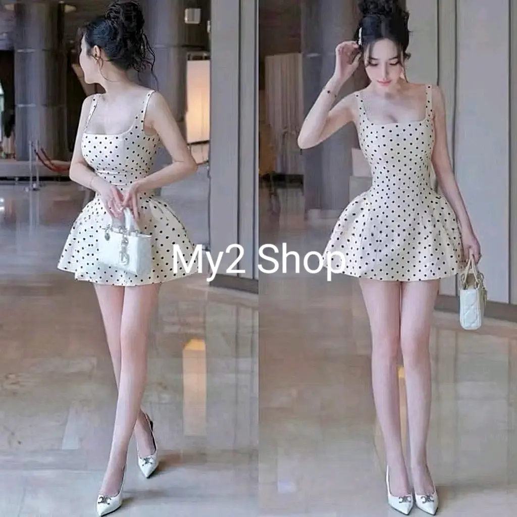 Đầm chấm bi vàng kem nhún eo kèm nơ tháo rời cho nữ - Dress, Women Nữ Voi Sen Lịch vay xinh Nhung