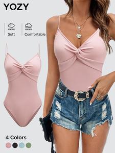 YOZY Twist Front Bodysuit, Casual Plain Ribbed Sleeveless Spaghetti Strap Button Cami Bodysuit, Women's Daily Wear for Spring & Summer