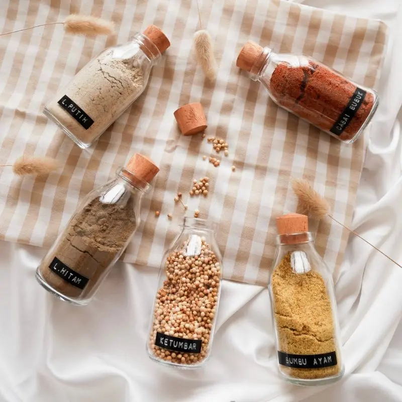 (1 PAKET) BOTOL KACA TUTUP KAYU 100ML 250ML / BOTOL BUMBU REMPAH / BOTOL SOUVERNIR HAMPERS  ESTETIK