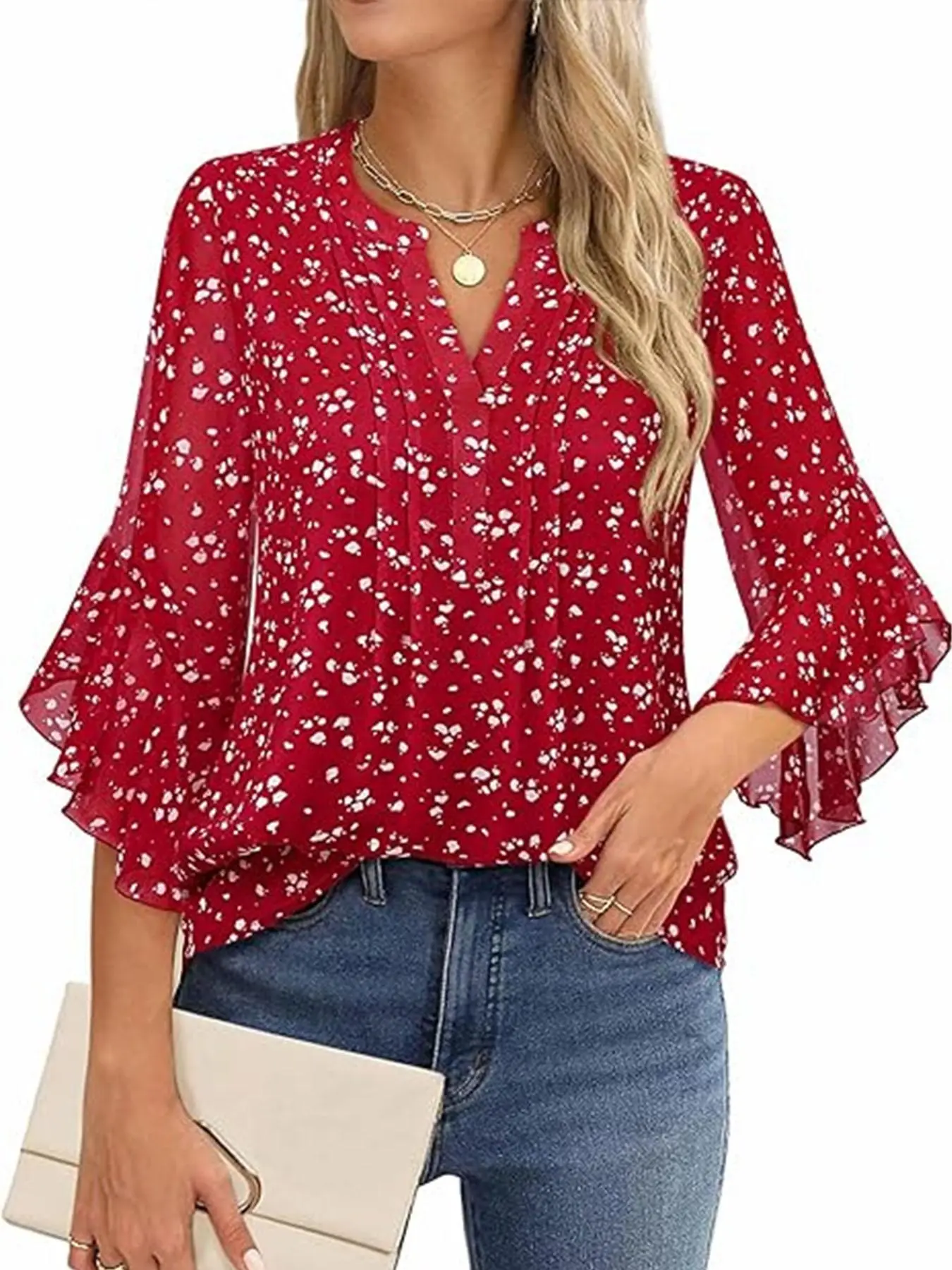 【Plus Size】 All Over Print Blouse, Casual Top for Spring & Fall, Women's Clothes for Daily Wear