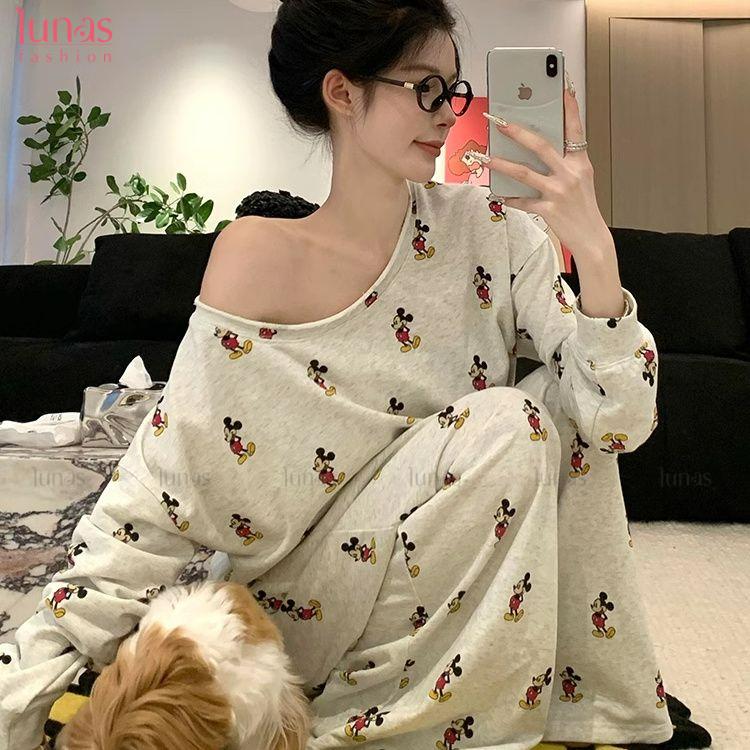 Bộ Đồ Ngủ Trễ Vai Thiết Kế Độc Đáo Dành Cho Nữ, Bộ Sưu Tập Mùa Xuân Và Mùa Thu, Bộ Sưu Tập Mùa Thu Mới 2024, Quần Dài Dài Tay, Bộ Đồ Mặc Nhà Mickey, Thiết Kế Đẹp