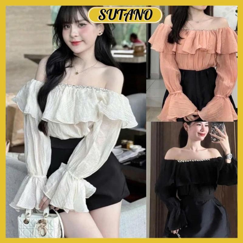 Áo trễ vai nữ dài tay tơ nhăn cổ đính đá tiểu thư cao cấp áo kiểu nữ trễ vai bánh bèo A45 SUTANO