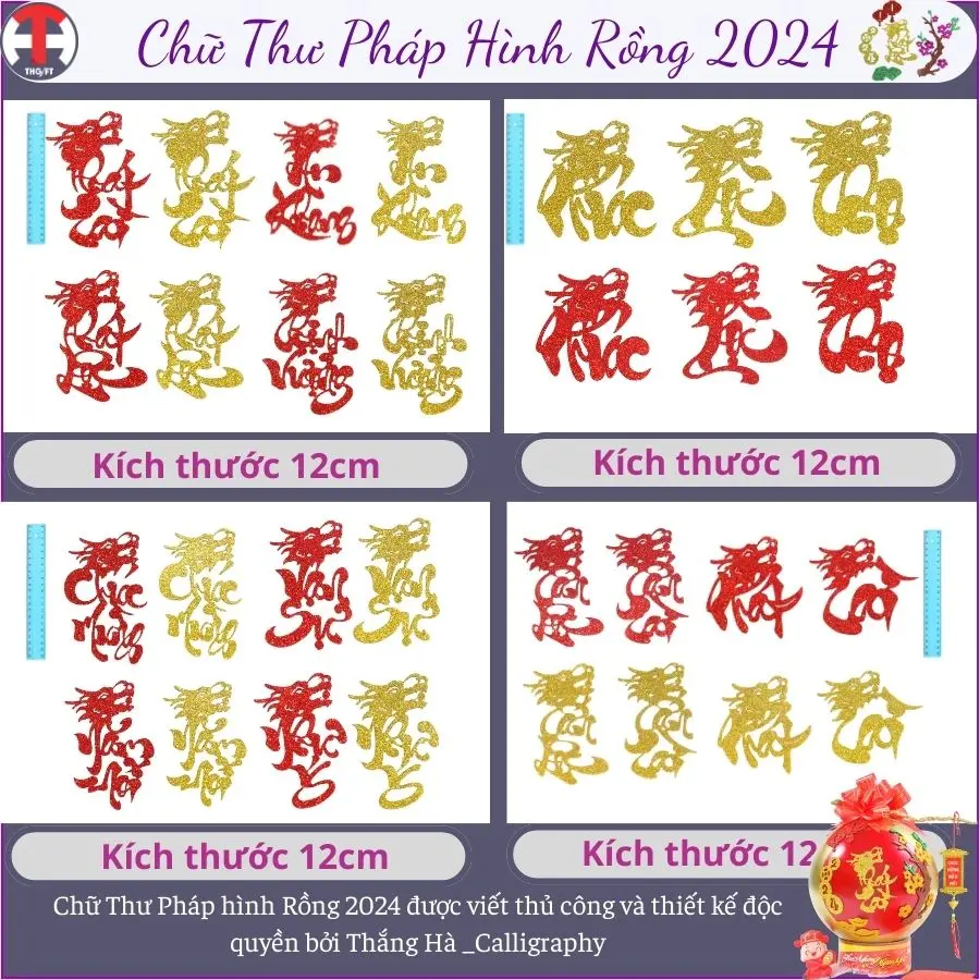 [14]Chữ xốp nhũ thư pháp kim tuyến 12cm Đầu Rồng dán Dừa Tết 2024[Trang trí dưa, dừa bưởi thư pháp ngày Tết] Tranh