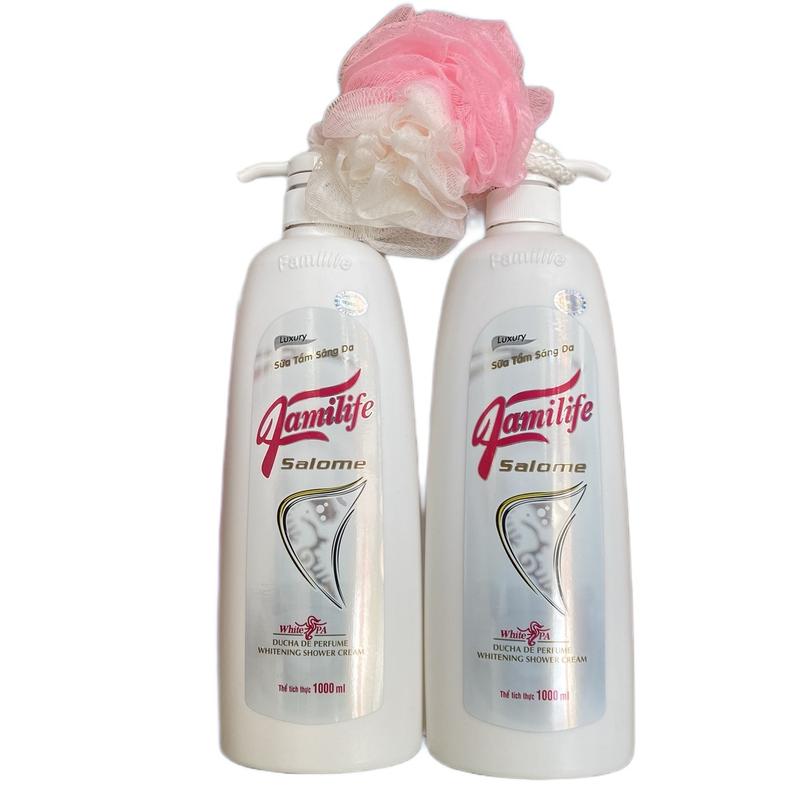 Combo 3 món (2 chai sữa tắm Familife hương cá ngựa, mỗi chai 1000ml + bông tắm) Dưỡng Ẩm Da Nữ