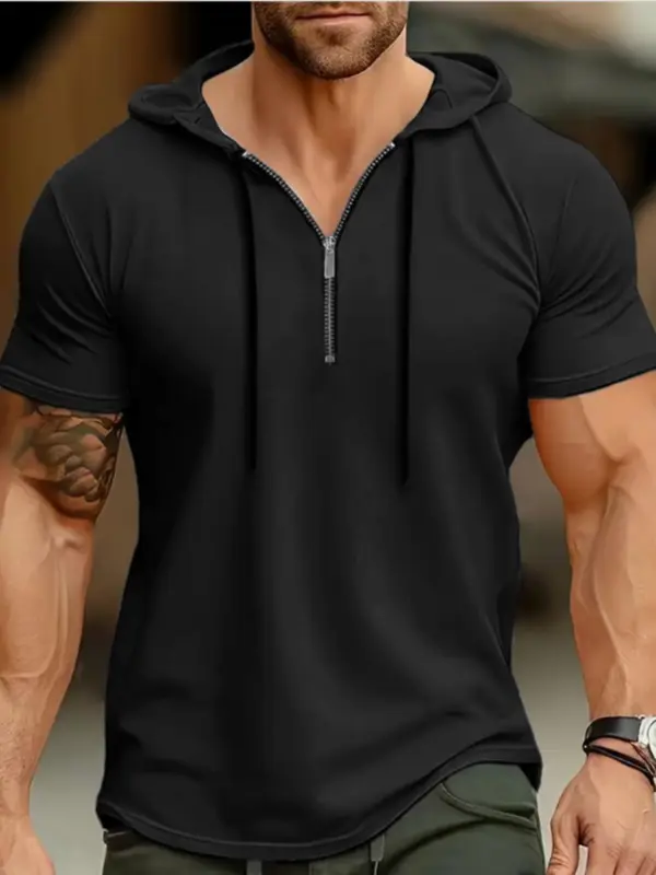 Men's Solid Zip Up Hooded Tee, Regular Fit Casual Breathable Short Sleeve T-shirt for Summer, Men's Top for Daily Wear, Sweatshirts 1
