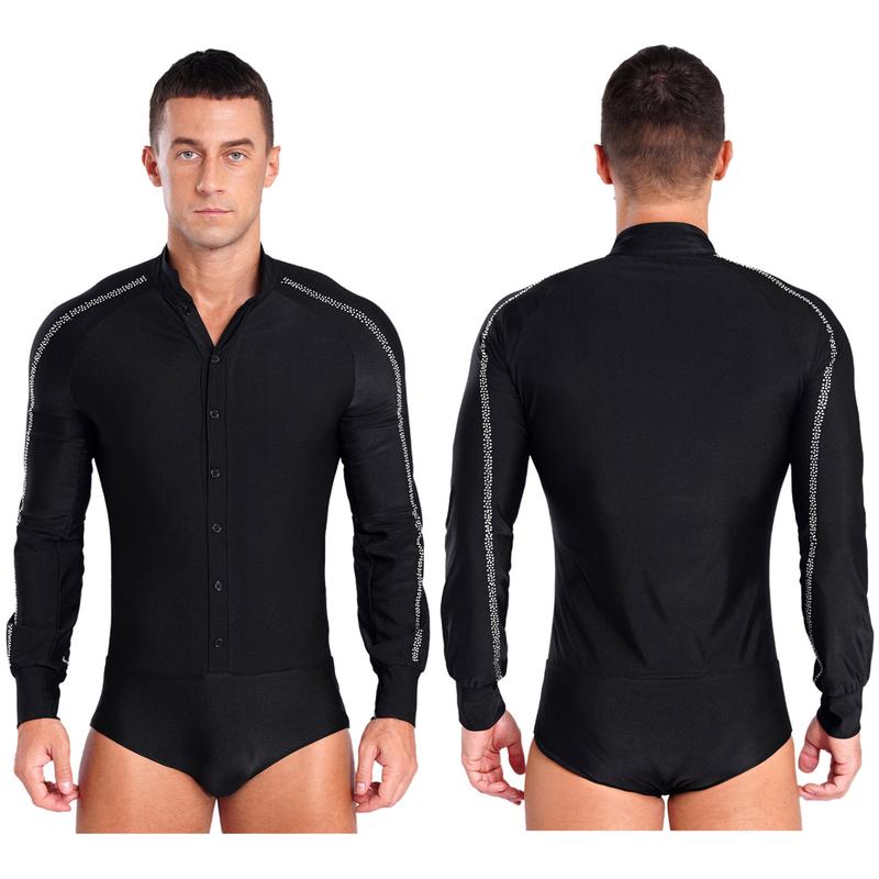 Trang Phục Thi Đấu Khiêu Vũ Latin Nam Hồi Giáo, RUNQHUI, Tay Raglan, Cổ Chân Đế Có Nút, Đính Đá Lấp Lánh Leotard Sport 2