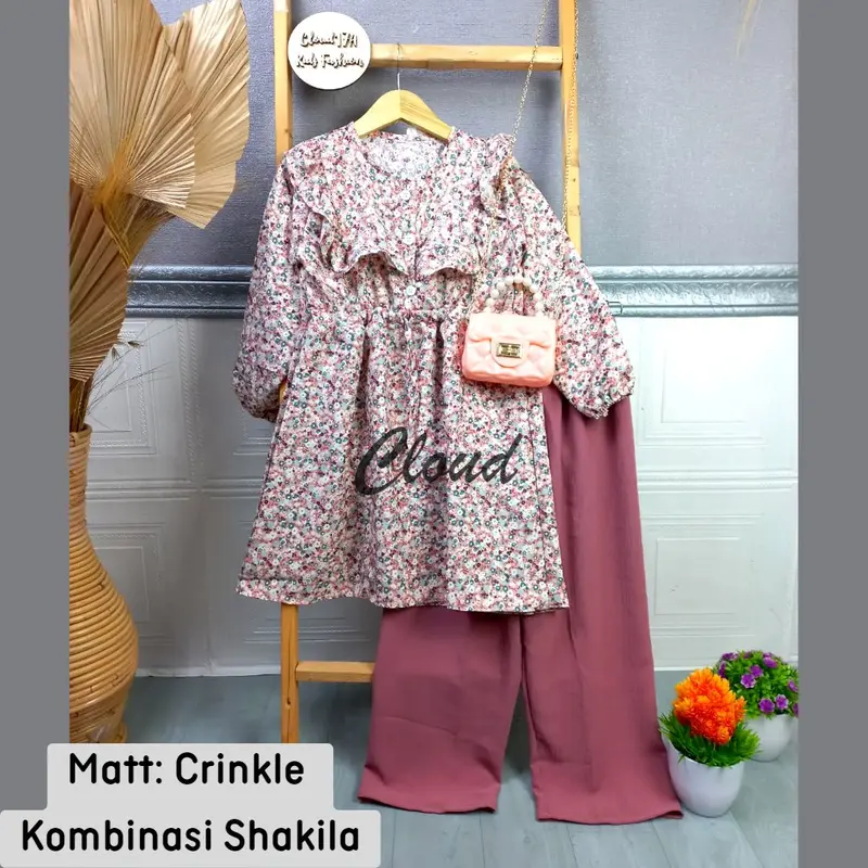 Setelan Anak perempuan motif bunga bahan crinkle airflo kombinasi Shakila usia 7-12 Tahun Oneset Kiyowo 1