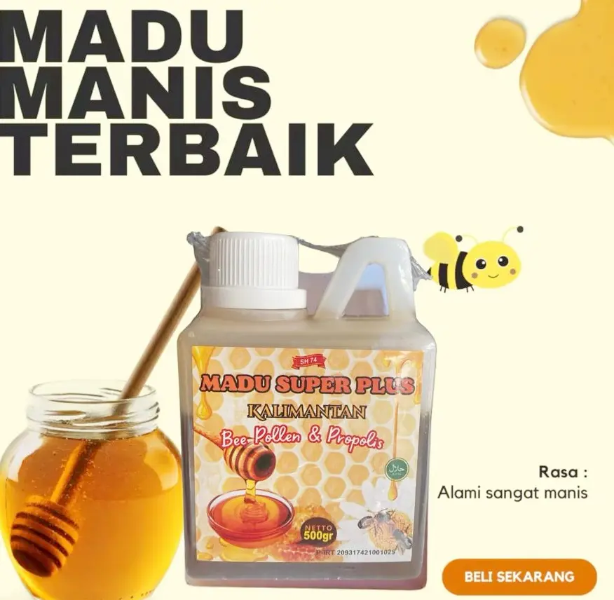 Best Seller Madu Super Kalimantan isi 500 gram plus Bee Pollen dan Propolis Honey Syrup
