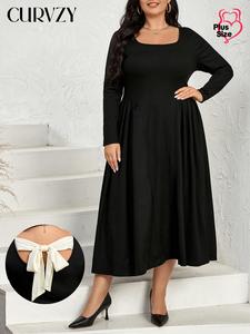 CURVZY Plus Size Ribbed Solid Bow Back A Line Dress, Elegant Scoop Neck Long Sleeve Dress for Party Holiday Wedding Guest, Fall & Winter Clothes
