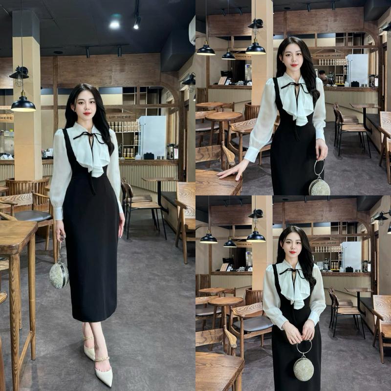 Váy thiết kế Evii E55 dành cho nữ Đầm thiết kế phối tơ mềm bèo trước dây nơ may liền dài tay dáng bút chì xuông phù hợp đi làm đi chơi và đi dự tiệc Có Bigsize Dress Women Voan