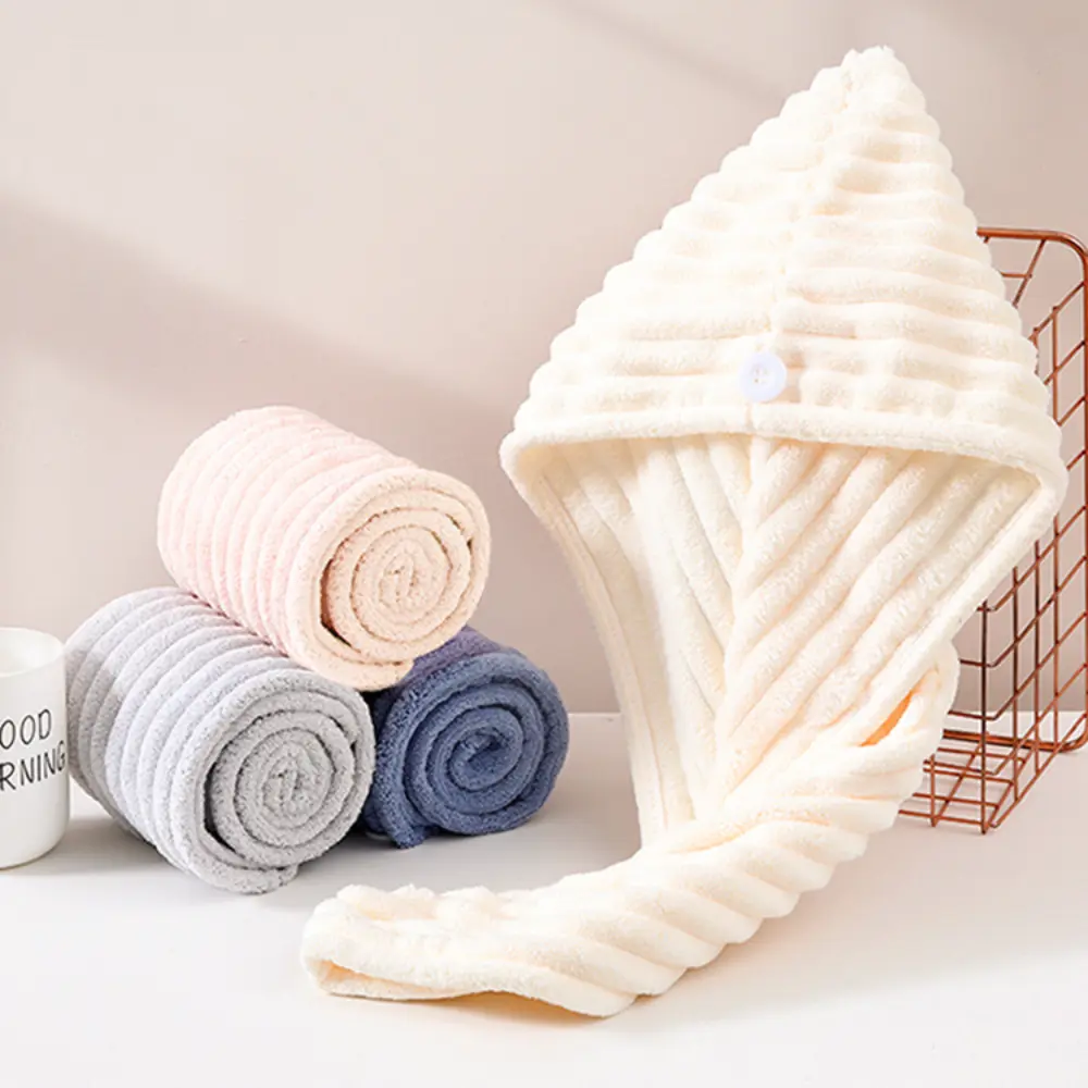 New Microfiber Quick-dry Hair Towel Cap with Button Super Absorption Bath Hat Fast Drying Women Hair Drying Hat