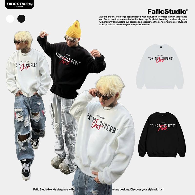 Áo sweater nam thêu kết hợp in tay phồng chữ ONS & FWB Nam Menswear hình in có túi chất nỉ bông unisex nữ Dài Tay