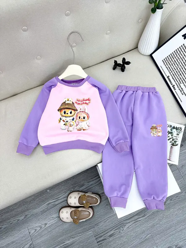 (22-40kg)-Bộ Nỉ 2 Da Bé Gái Đông Xuân In Hình Labubu Mềm Mại Dày Dặn Ấm Áp đồ set thu sét quần áo mùa nữ 3