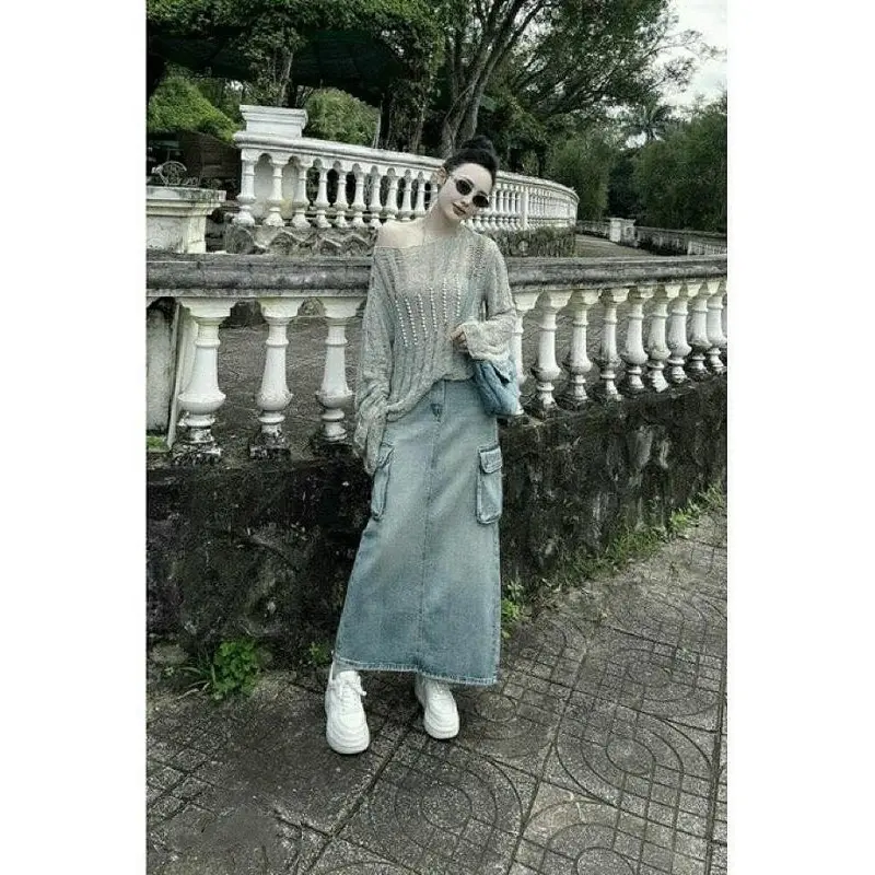 (Ms858) Váy Jean Dài 2 Túi Hộp Xẻ Tà Lai Cuốn - Dài 91 cm ( S-L ) 1