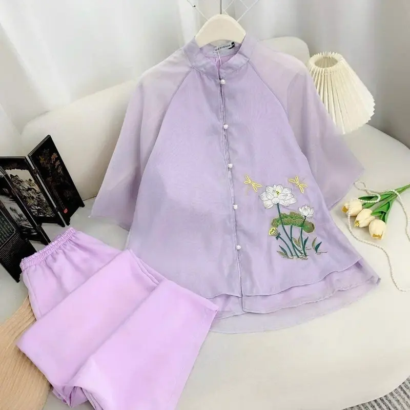 Bộ pháp Phục Linh Đan, Bộ quần áo đi chùa chất liệu tơ 3 lớp thêu hoa thanh đình Nữ 3