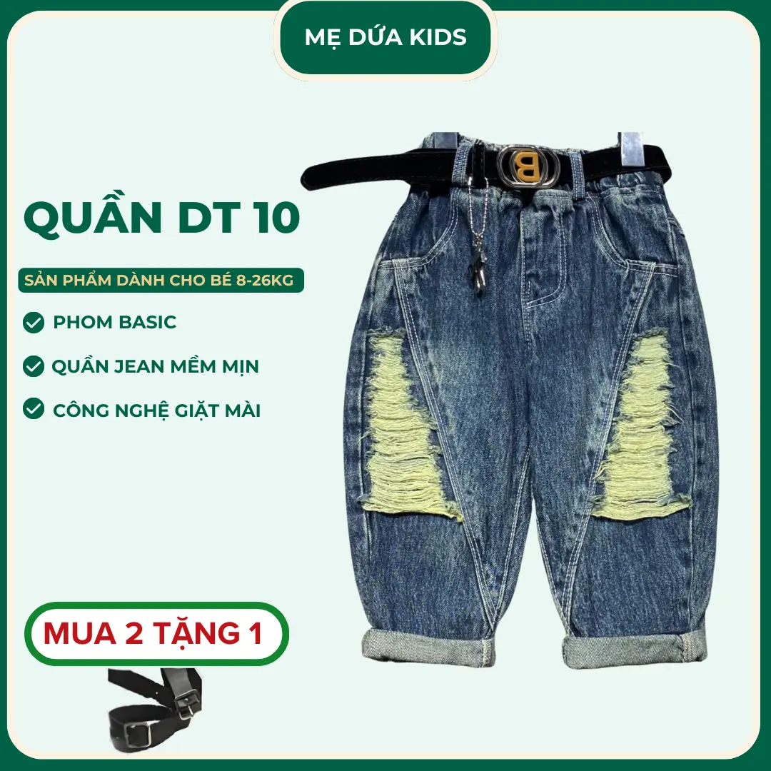 [2 QUẦN TẶNG 1 ĐAI] DT12 Quần jean mềm cho bé cực chất giặt máy thoải mái sz 8-26kg